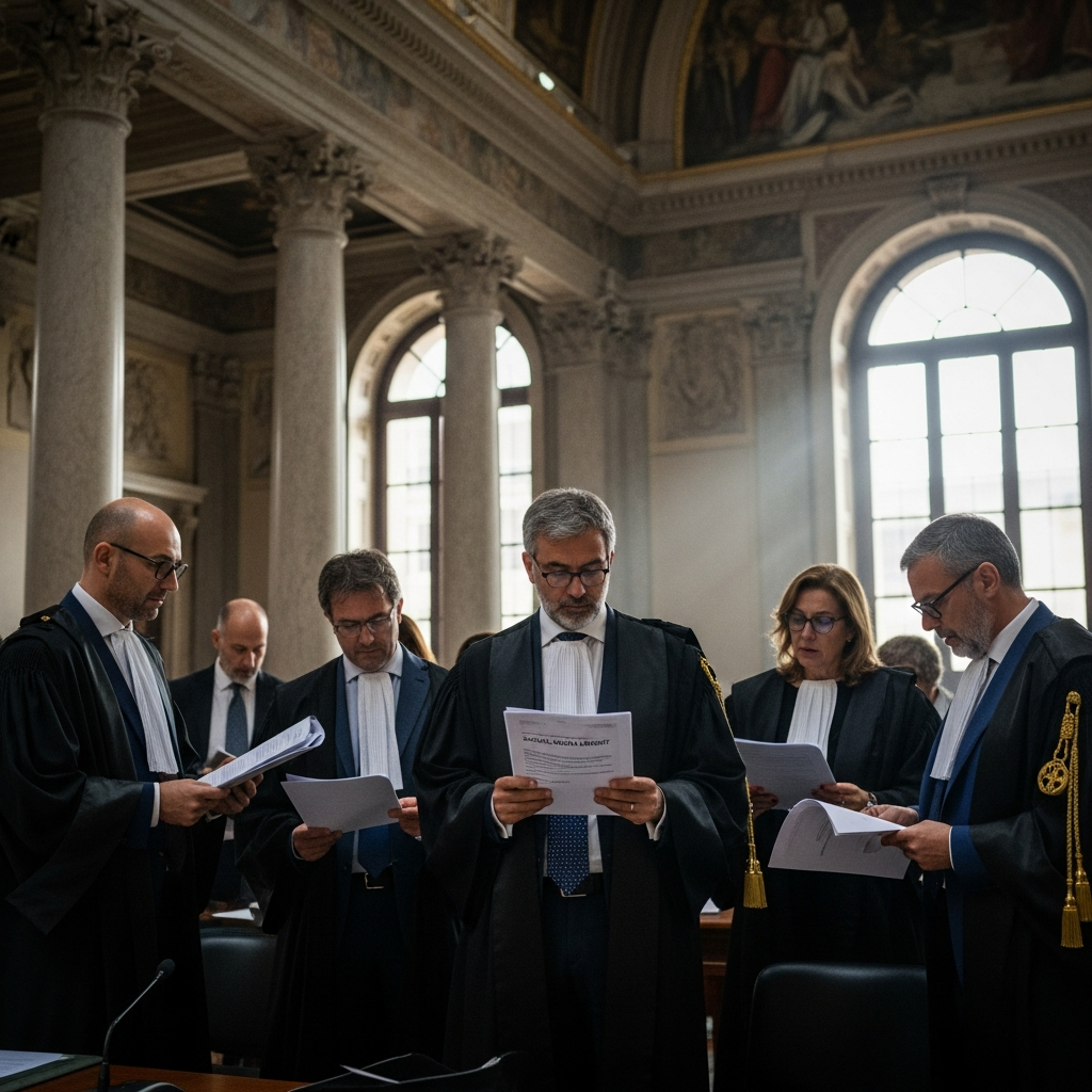 Italian courthouse with lawyers holding documents about social media lawsuit, professional legal setting, natural lighting, serious atmosphere, no text