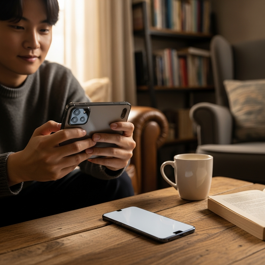 lifestyle photography, warm lighting, natural setting, A Korean person comfortably using a slightly thicker, more robust smartphone (representing iPhone 17/Pro), while a very thin, sleek smartphone (representing iPhone Air) lies unused nearby, indicating preference. The setting is a cozy living room. No visible text in image.