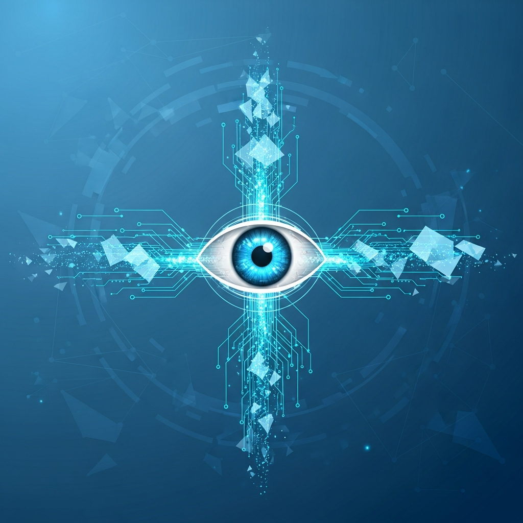 Clean infographic showing a futuristic eye surrounded by interconnected digital pathways and glowing data, representing advanced medical technology and future possibilities. The background is a soft, deep blue with subtle geometric patterns. No text.