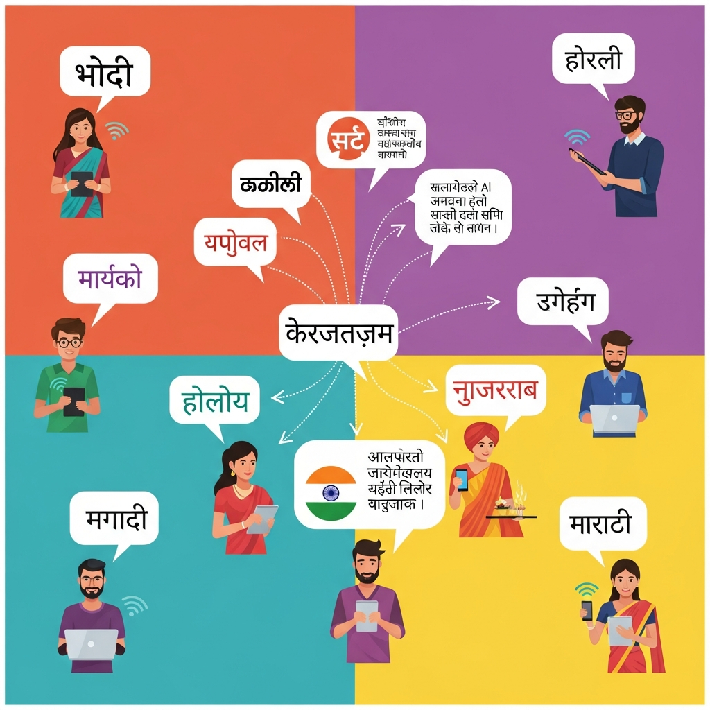 An infographic showing diverse Indian people interacting through digital devices, with speech bubbles in different languages translating seamlessly, representing AI breaking language barriers. Clean design, modern layout, high contrast, colored background, no text.