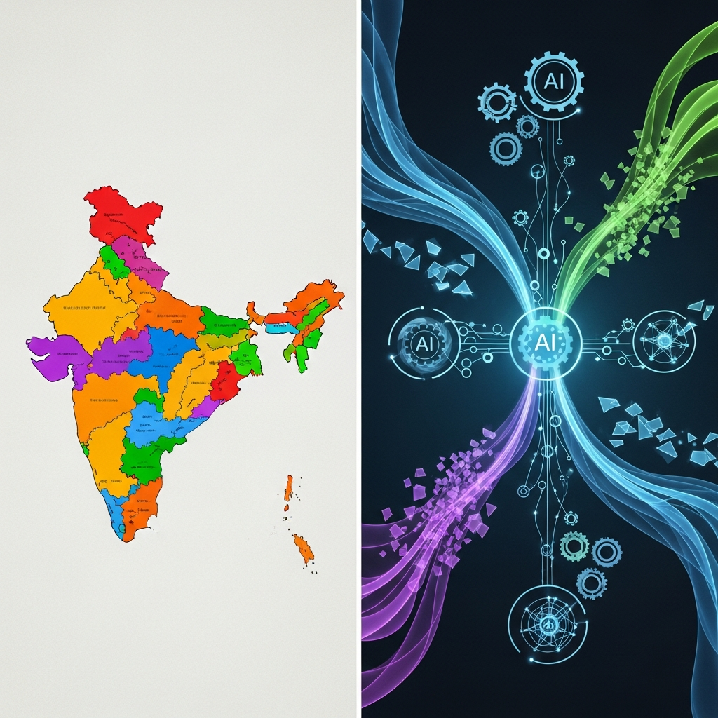 A split infographic showing on one side, a map of India with various language zones, and on the other, abstract representations of data flowing and being refined by AI, emphasizing the challenge and importance of quality data. Modern layout, high contrast, textured background, no text.