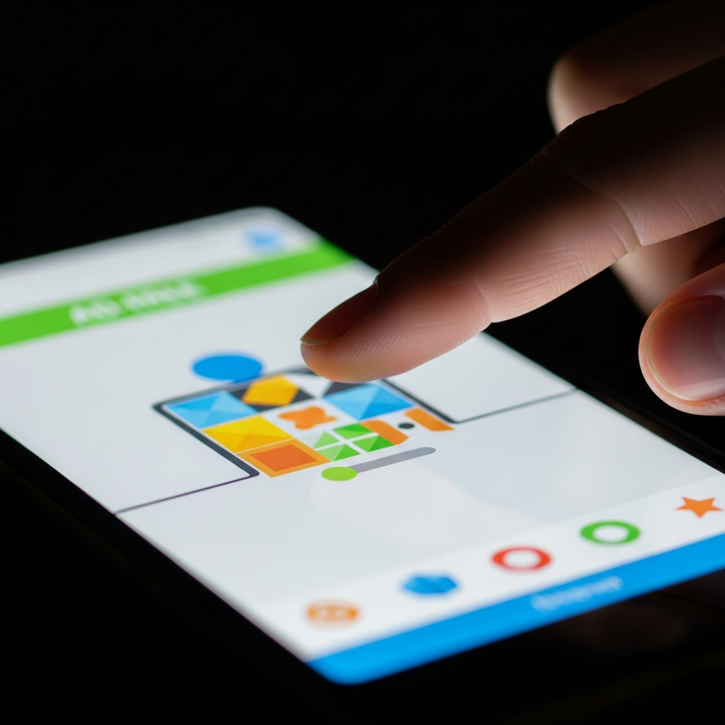 A close-up shot of a person's finger gently touching a smartphone screen, depicting a clean, ad-free game interface. The focus is on the screen and the interaction, suggesting seamless gameplay without interruptions. Infographic style, no text.