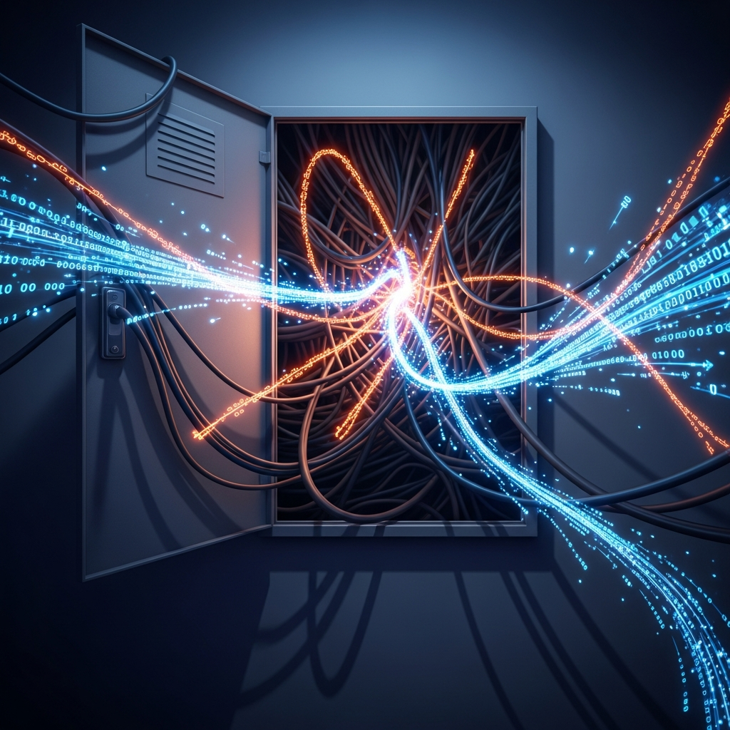 A dramatic illustration showing crossed network cables and fiber optic wires in a street cabinet, with digital data streams flowing in wrong directions. Dark, moody lighting emphasizing the confusion and technical error. No text.