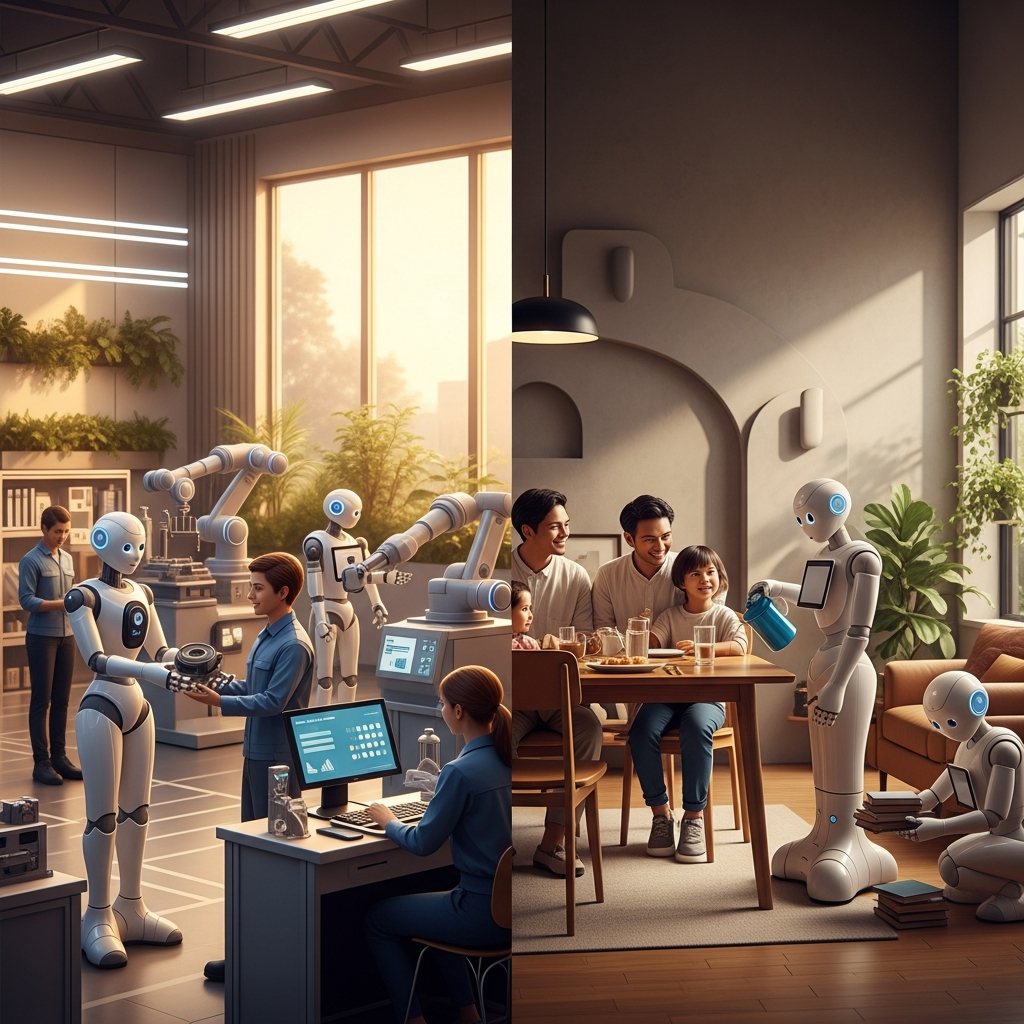 Elon Musk's vision of humanoid robots working in a stylized, clean factory and a smart home, interacting with people in a positive way. Focus on the integration of robots into daily life. Style: lifestyle photography, warm lighting, natural setting. Textured background with subtle architectural lines.