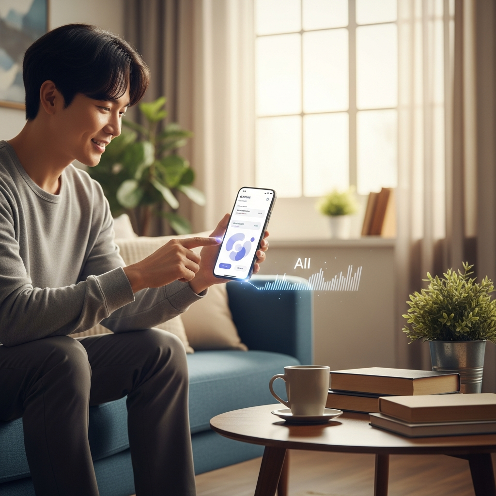 Person using AI search on smartphone for daily tasks, cozy home environment, natural lighting, modern lifestyle setting, Korean person interacting with AI interface, warm and comfortable atmosphere, no text