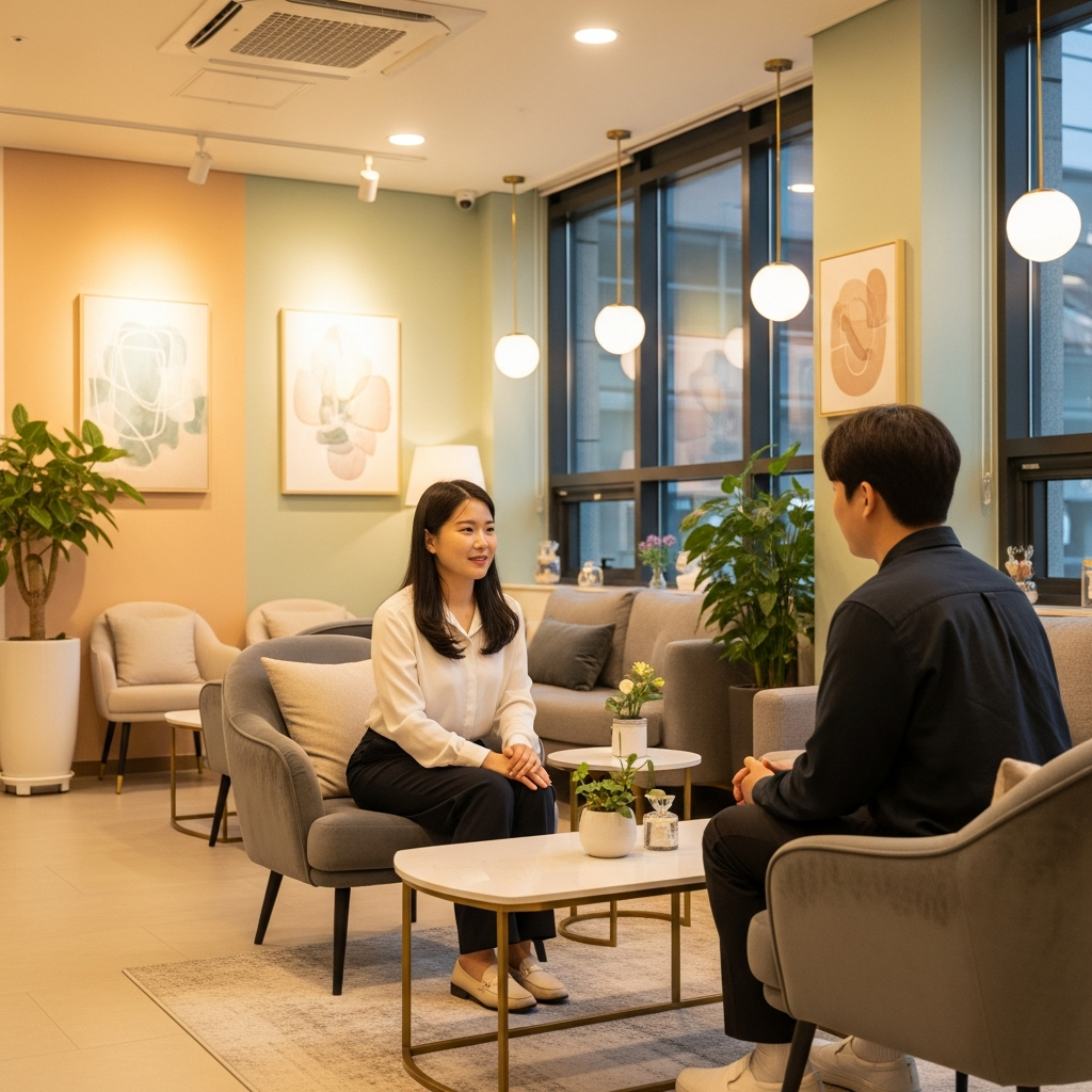 Professional counseling center interior with warm lighting, comfortable seating area, Korean counselor and client in consultation, modern office setting with soft colors, natural atmosphere, no text visible