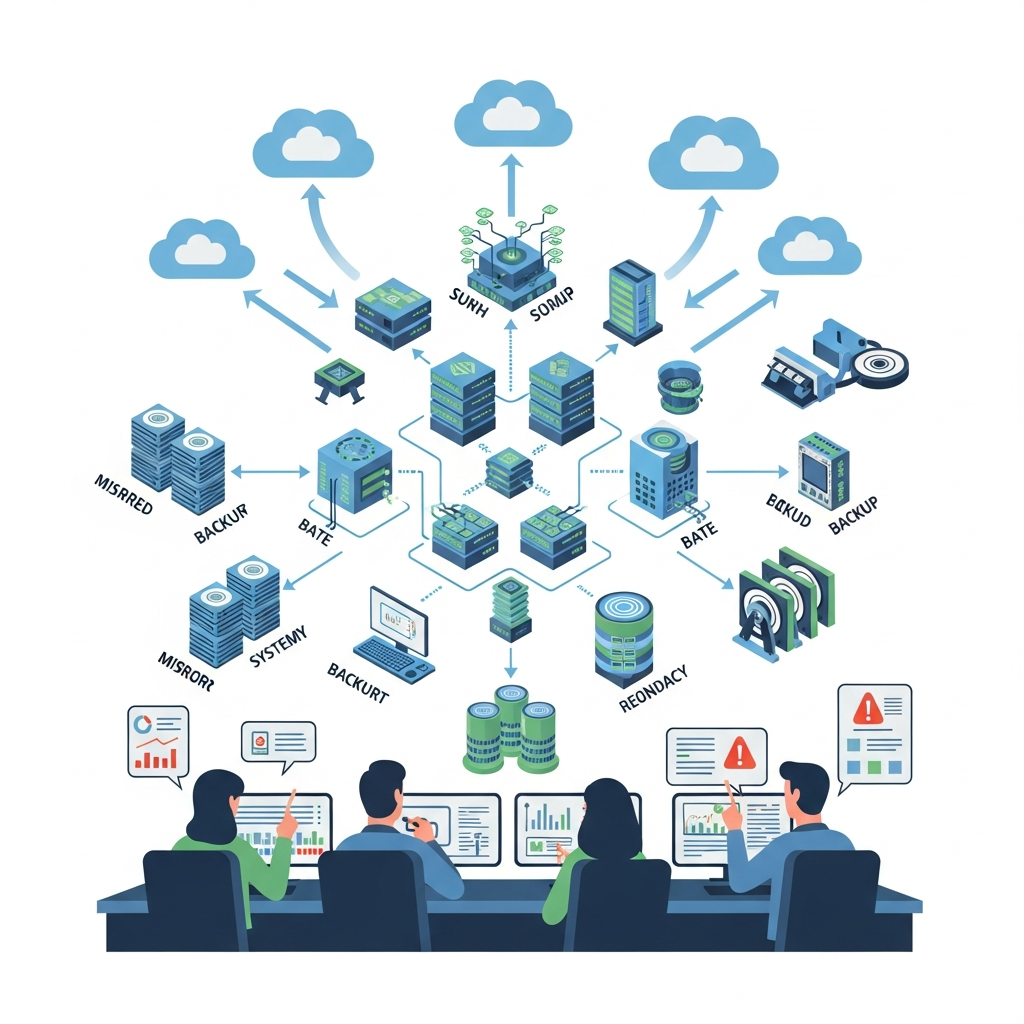 An illustration showing a resilient digital infrastructure with backup systems, multiple cloud connections, and a team quickly responding to an alert, symbolizing disaster recovery and business continuity. Style: clean infographic. No text.
