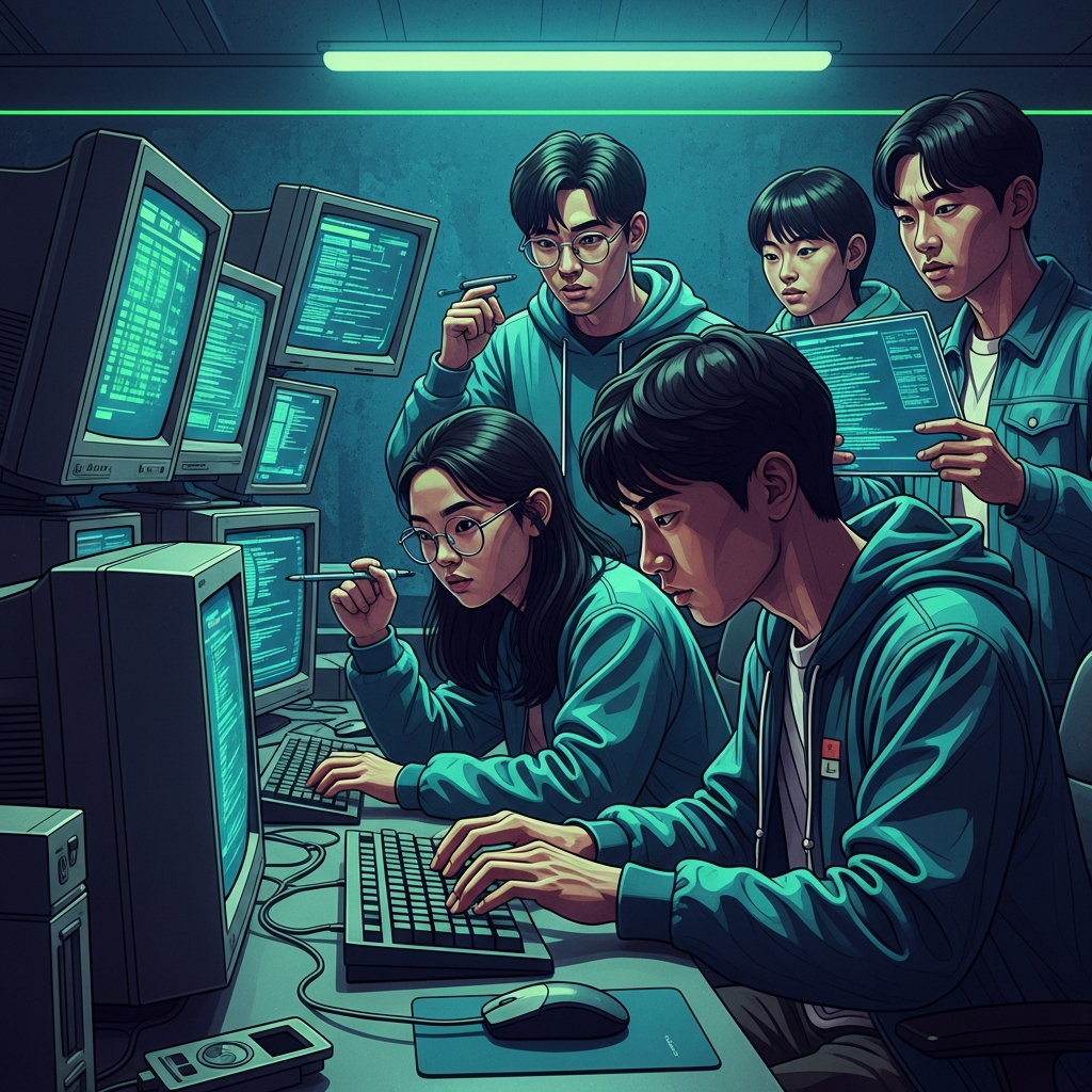 A retro-futuristic illustration showing a group of young, tech-savvy individuals (Korean appearance, natural expression) in a dimly lit room, surrounded by old-school computer monitors displaying abstract code. One person is intently typing, another is looking at multiple screens. The atmosphere is tense but focused. The background is a textured, dark blue with neon green accents, symbolizing early internet hacking. Style: Illustration, artistic rendering, textured background. No text.