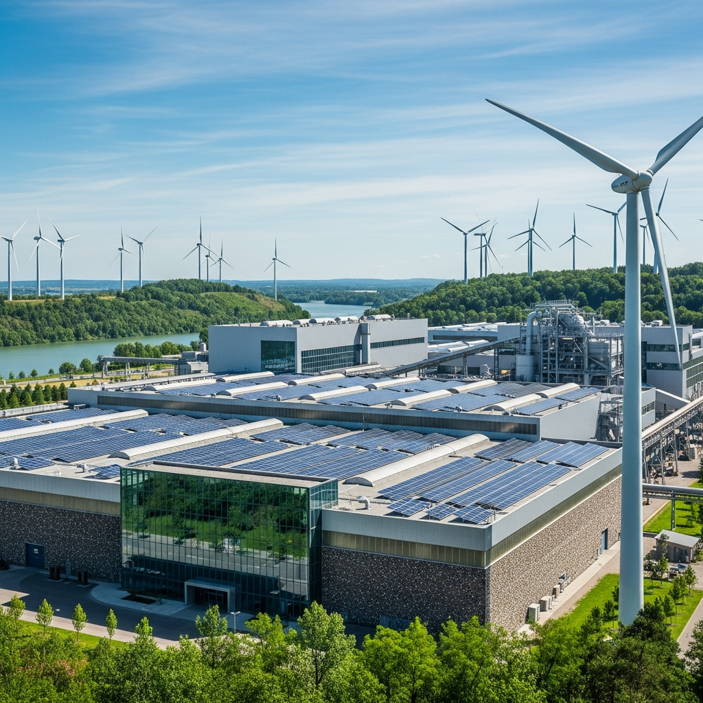 Steel manufacturing plant powered by renewable energy, solar panels and wind turbines nearby, sustainable industrial complex, green technology integration, bright daylight, eco-friendly color palette with greens and blues, no text