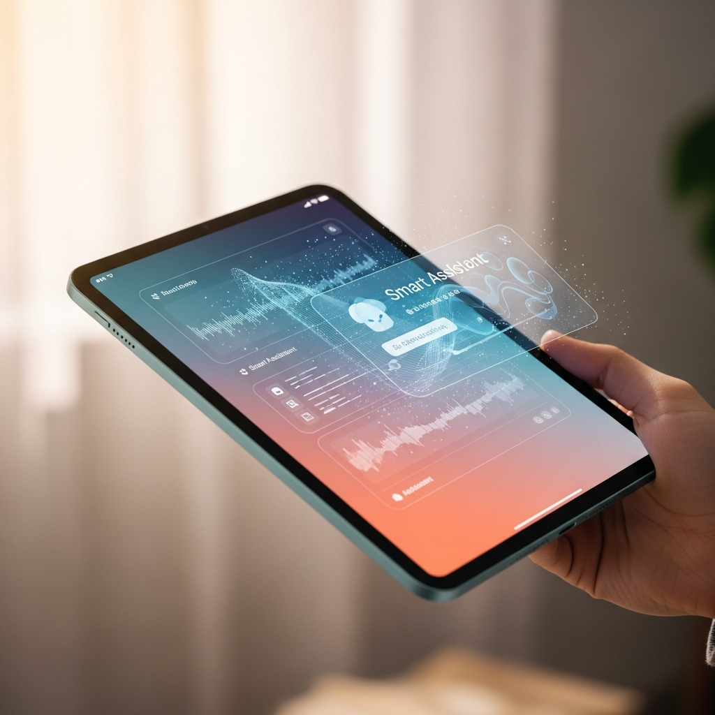 A hand holding a sleek, colorful budget-friendly iPad showing a futuristic user interface with subtle AI elements, in a cozy, bright home setting. The iPad screen displays a smart assistant helping with a creative task. The background has a soft, warm gradient. No text.