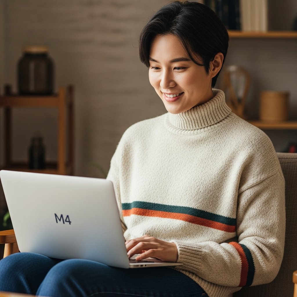 Lifestyle photography, bright, balanced lighting, natural setting, showing a Korean person happily using an M4 MacBook Air in a cozy home or cafe, emphasizing productivity and modern design. Textured background, no visible text, centered focus.