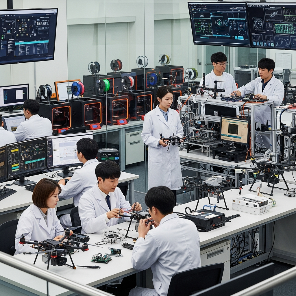 Research and development facility for cost-effective anti-drone systems, showing engineers working on various interceptor prototypes, 3D printers creating drone parts, modern laboratory setting with Korean researchers, innovative technology atmosphere, no text