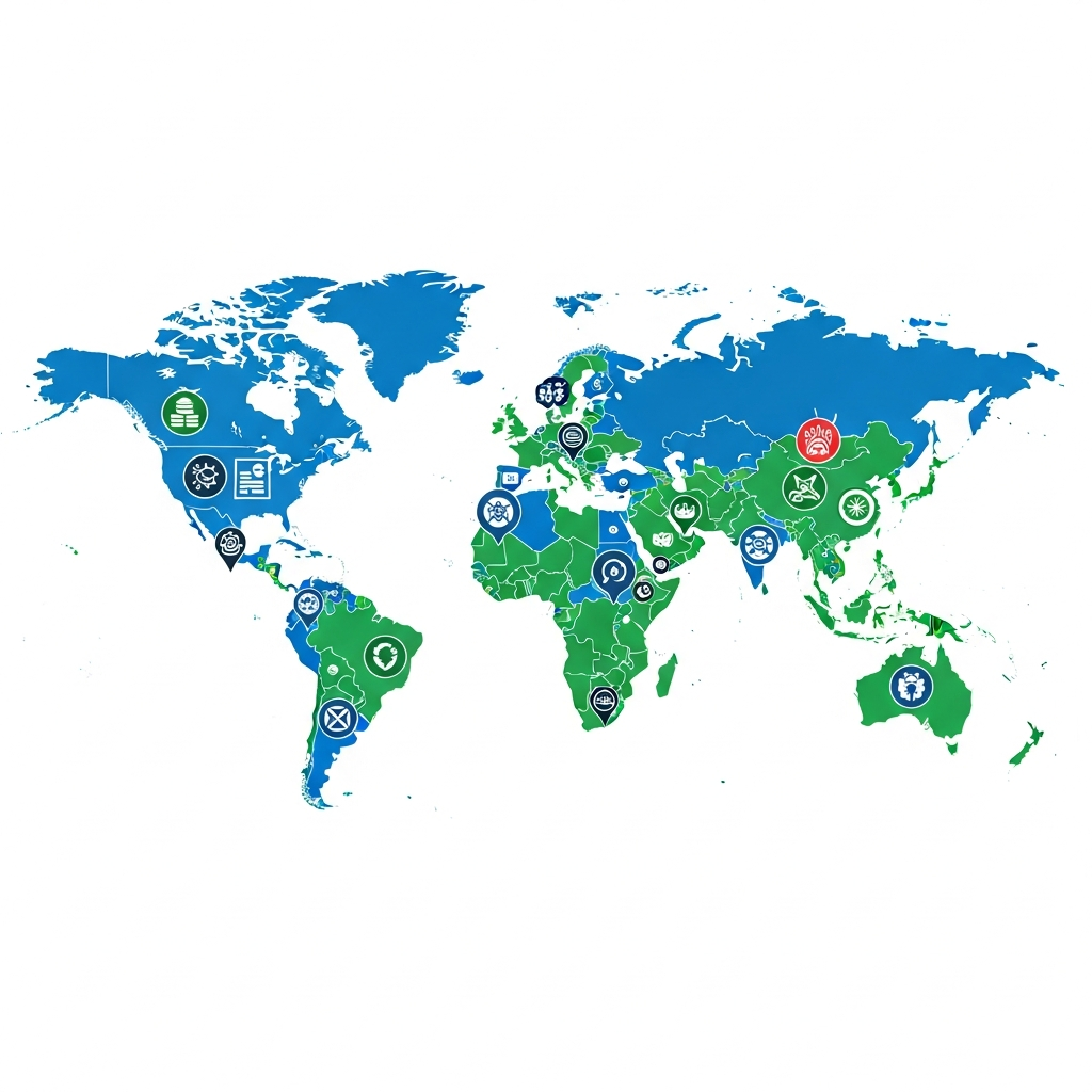World map showing different countries with digital regulation symbols, infographic style, clean modern design, blue and green color scheme, professional layout, no text