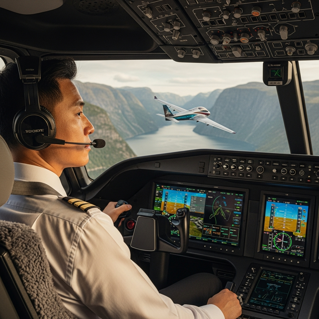 A pilot in a modern cockpit, looking out at a stunning Nordic landscape. The cockpit view showcases advanced digital displays and controls. The pilot, of Korean appearance, has a focused yet relaxed expression. Outside, a sleek electric plane glides over fjords. No visible text. Style: lifestyle photography, warm lighting, natural setting.