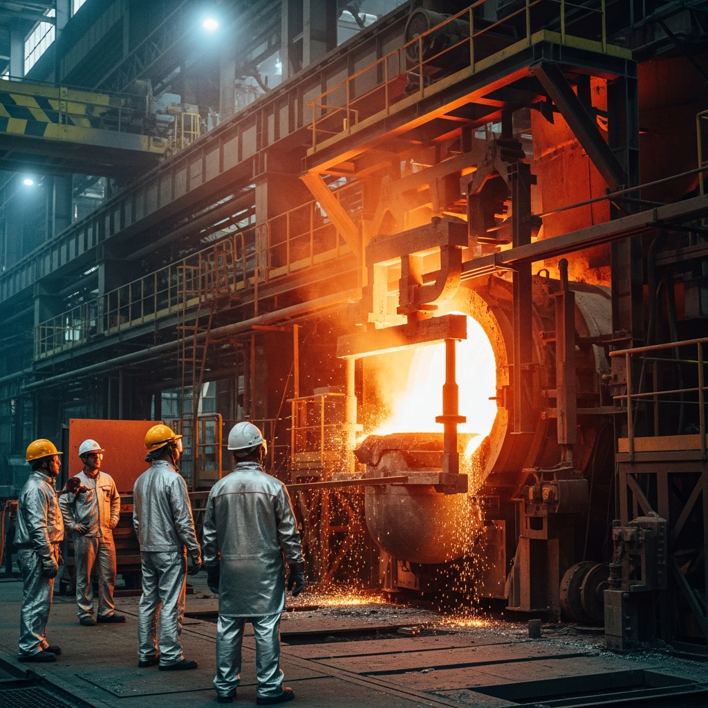 Electric arc furnace in operation, molten steel being processed, industrial workers in safety gear, bright electric arcs, modern steel production facility, dramatic industrial lighting, metallic and orange color scheme, no text