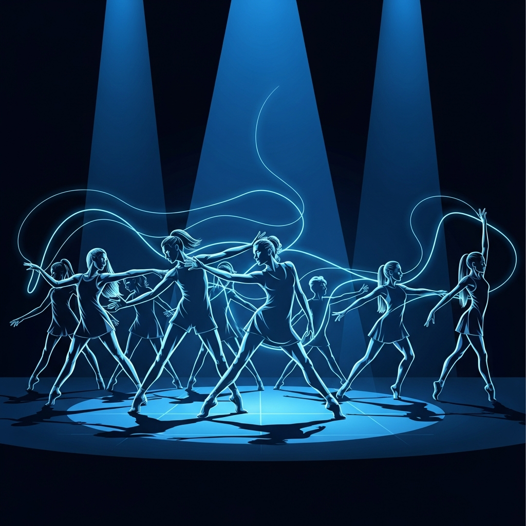 A group of dancers on stage, their bodies illuminated by subtle electric blue light patterns, conveying movement and energy. The scene should be dynamic and modern, emphasizing the fusion of technology and dance. Style: vibrant illustration with clean lines. No text.