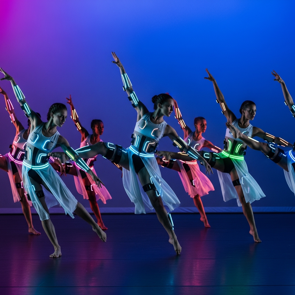 Contemporary dancers with electronic muscle stimulation devices, dynamic movement on dark stage with neon lighting effects, futuristic dance performance, flowing fabric costumes, energetic choreography, gradient background, no text