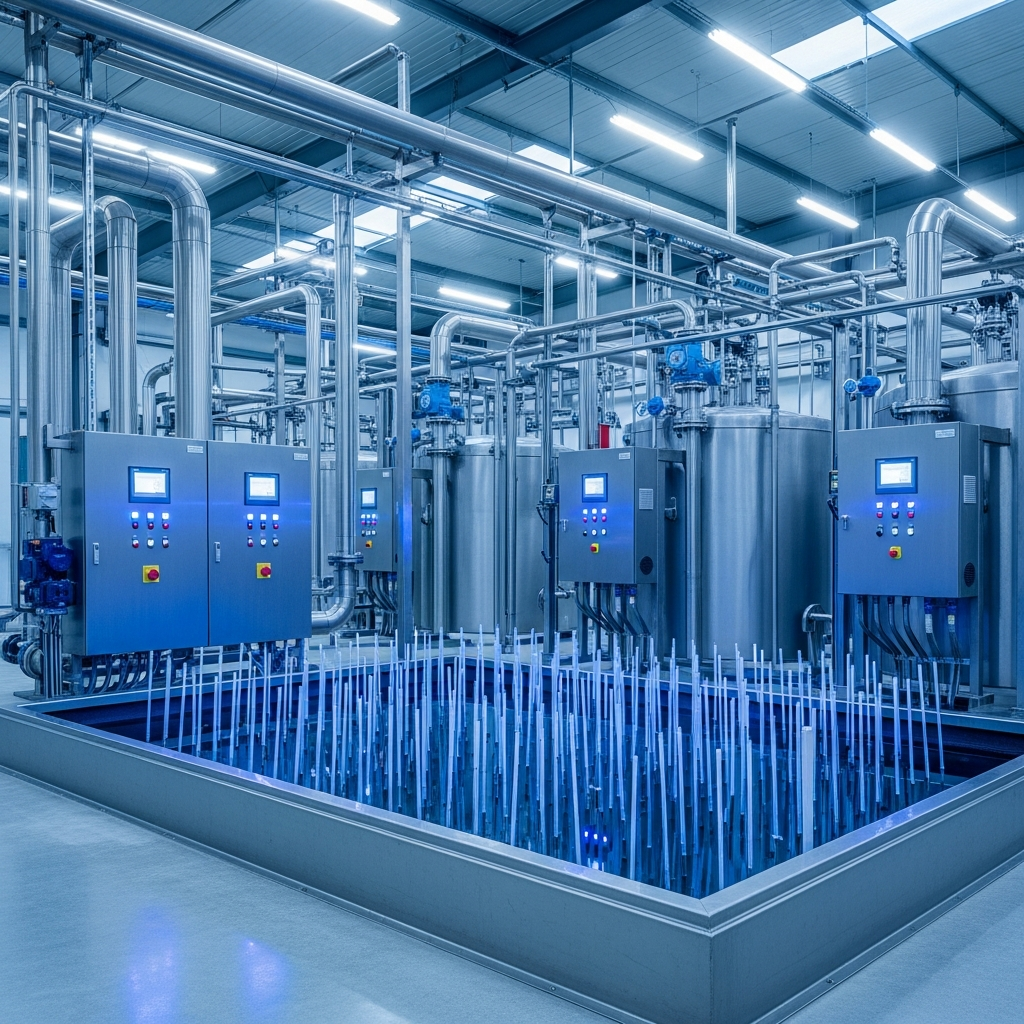 Modern electrochemical oxidation facility with electrodes in water treatment tanks, industrial setting, clean technology equipment, bright lighting, professional photography style, blue and silver tones, no text