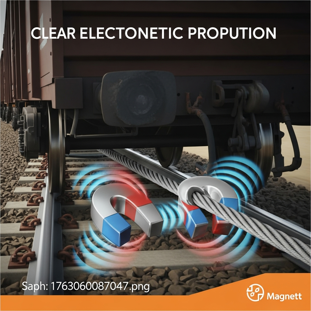 A clear infographic showing a train track with a thick aluminum cable running between the rails. Magnets are attached to the bottom of a freight wagon, interacting with the magnetic field from the cable. Emphasize the electromagnetic propulsion concept with modern design and high contrast. Colored background, no text.