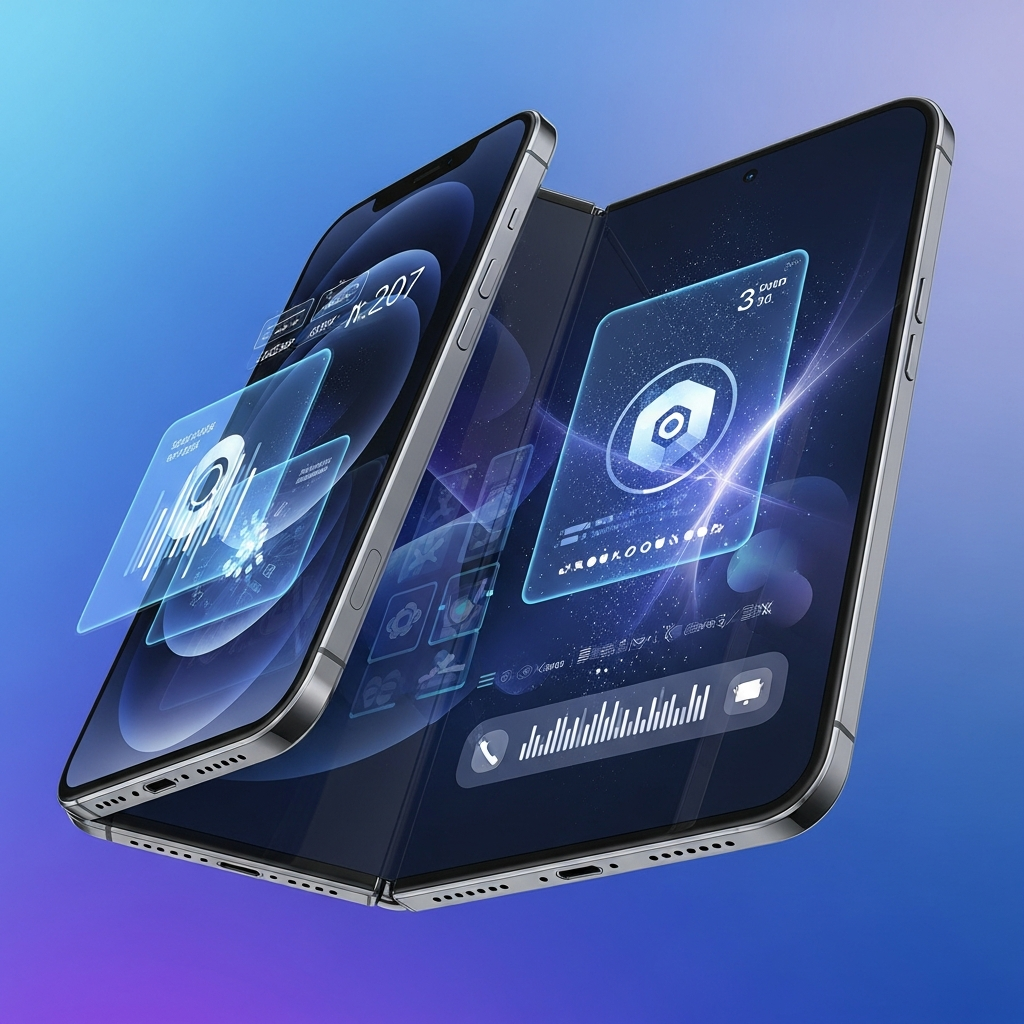 Dynamic shot of a foldable iPhone concept, smoothly transitioning from a folded compact state to an unfolded larger screen, with futuristic UI elements hinted on the screen. Bright, balanced lighting on a blue-purple gradient background. No visible text.