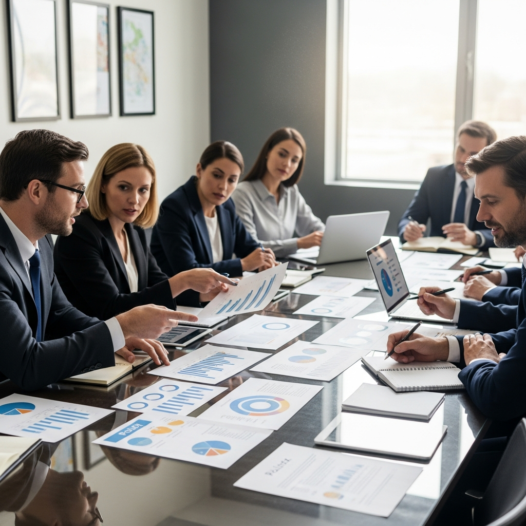 Government officials in meeting room discussing policies with charts and documents on table, representing inter-departmental cooperation. Professional setting with natural lighting, showing collaboration and policy-making process. No text.