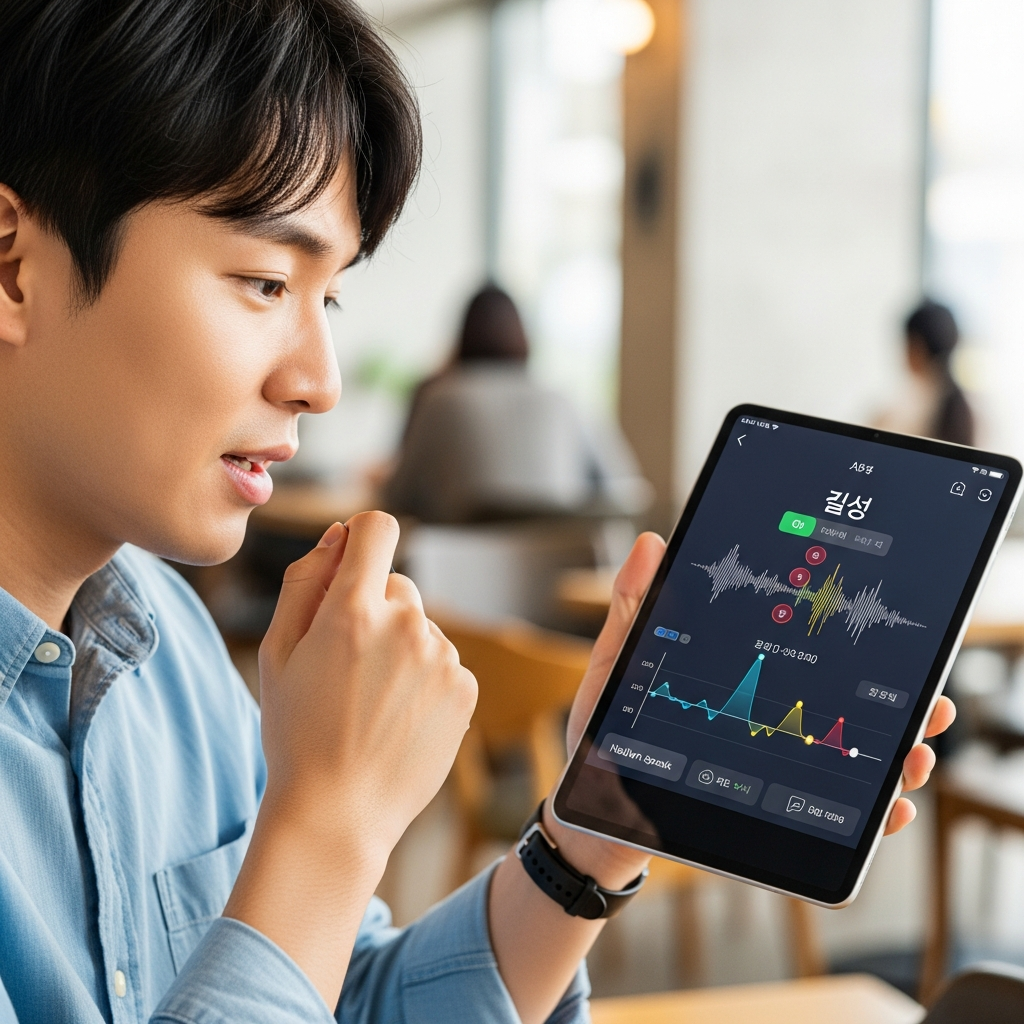 A Korean person speaking into a smartphone or tablet, with visual cues on the screen indicating speech recognition and pronunciation feedback. The atmosphere is focused and interactive. Style: lifestyle photography. No text.