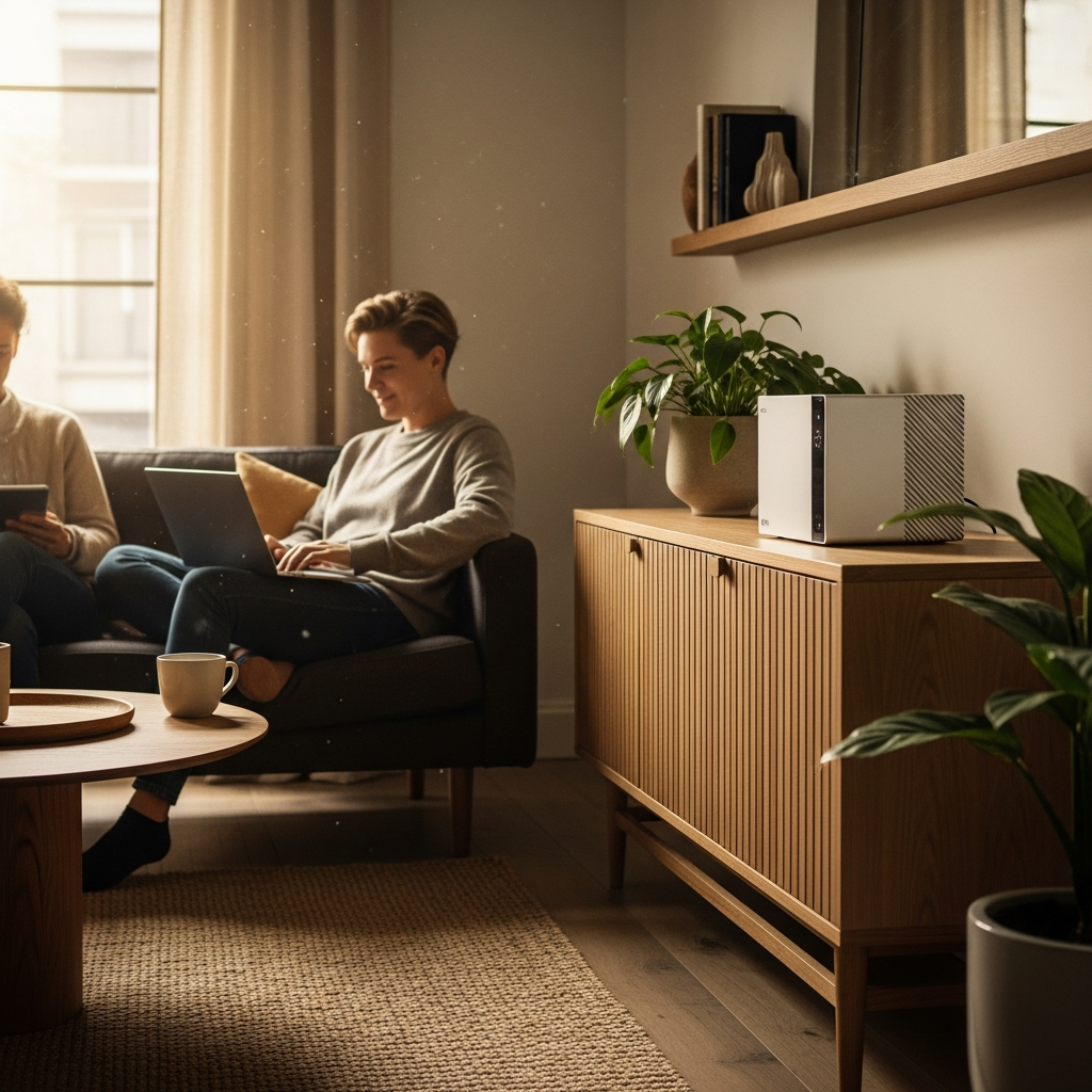 Lifestyle photography, warm lighting, natural setting, showing a compact, modern NAS device discreetly placed in a stylish living room or home office. A person is comfortably using a laptop or tablet, implying smooth data access without disturbance from the NAS. No text.