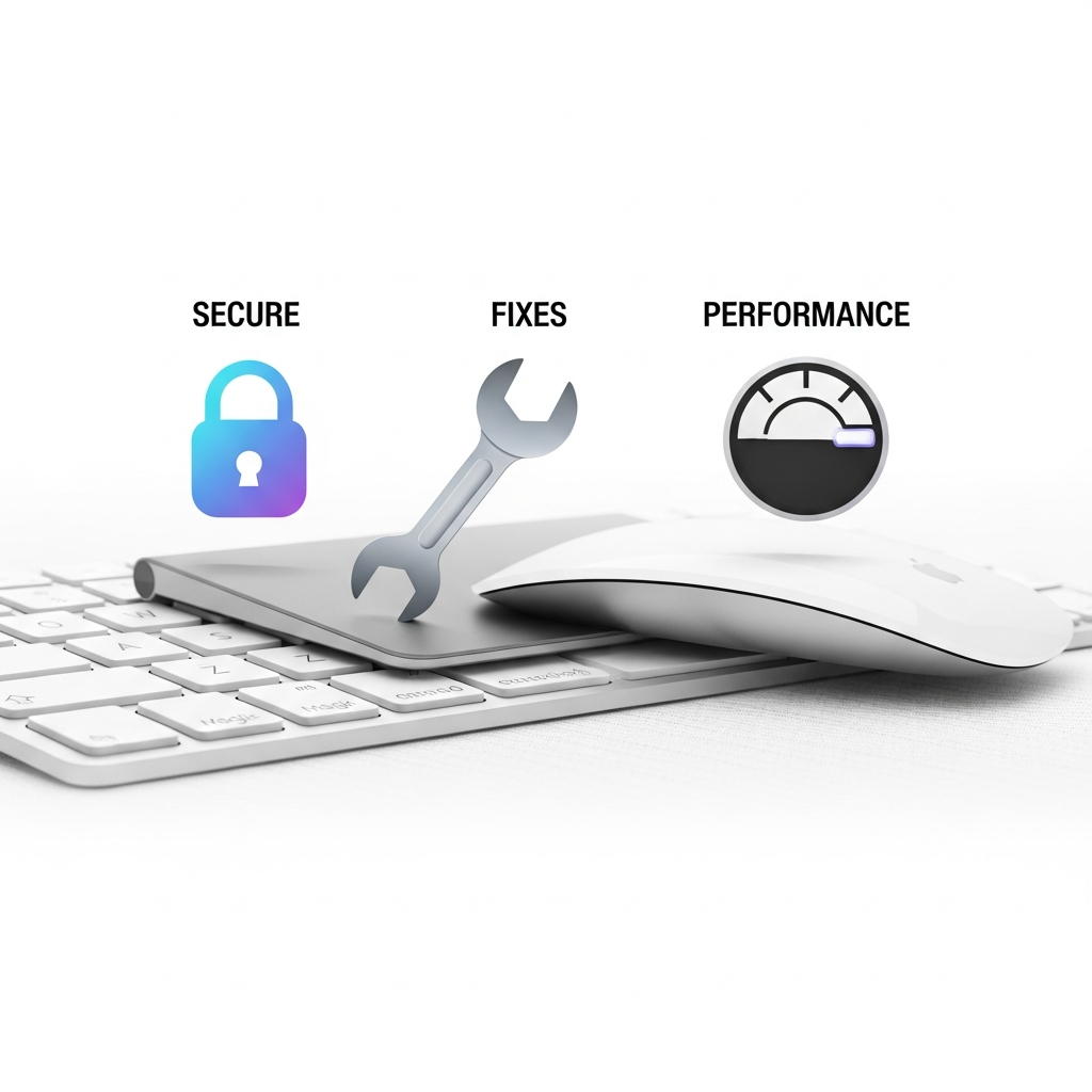 Conceptual infographic showing a secure lock icon, a wrench icon for fixes, and a speed dial icon for performance, subtly integrated with images of Apple accessories like a keyboard and trackpad. Style: clean infographic, high contrast, vibrant colors. Textured background. No visible text.