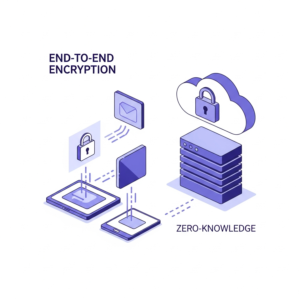 An infographic illustrating end-to-end encryption for cloud storage. Data packets are shown traveling from a device to a cloud server, both secured by a padlock icon. Text "End-to-End Encryption" and "Zero-Knowledge" are conceptually shown, no actual text. Style: clean, modern, high contrast with purple and blue hues, clean infographic, modern layout, high contrast.
