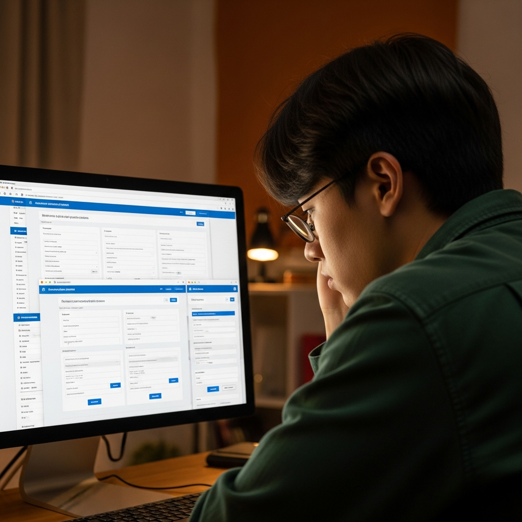 A young Korean computer science graduate looking frustrated in front of a computer screen, surrounded by numerous job application windows, symbolizing the struggle to find an entry-level tech job. Style: lifestyle photography, warm lighting, natural setting, colored background, no text.