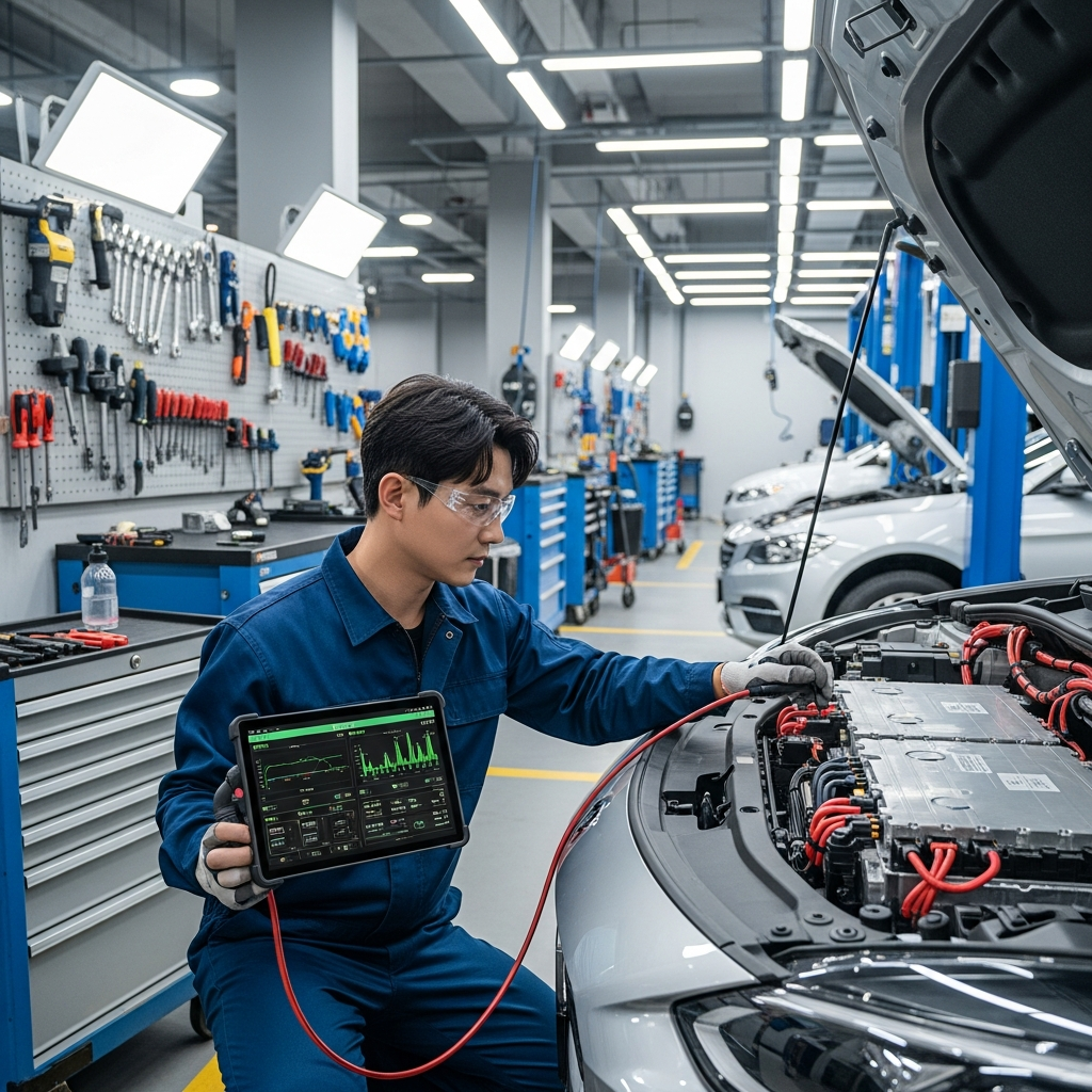 Professional mechanic checking electric vehicle battery health with diagnostic equipment in modern auto service center, clean workshop environment, Korean technician examining EV battery system, bright lighting, detailed automotive tools visible, no text