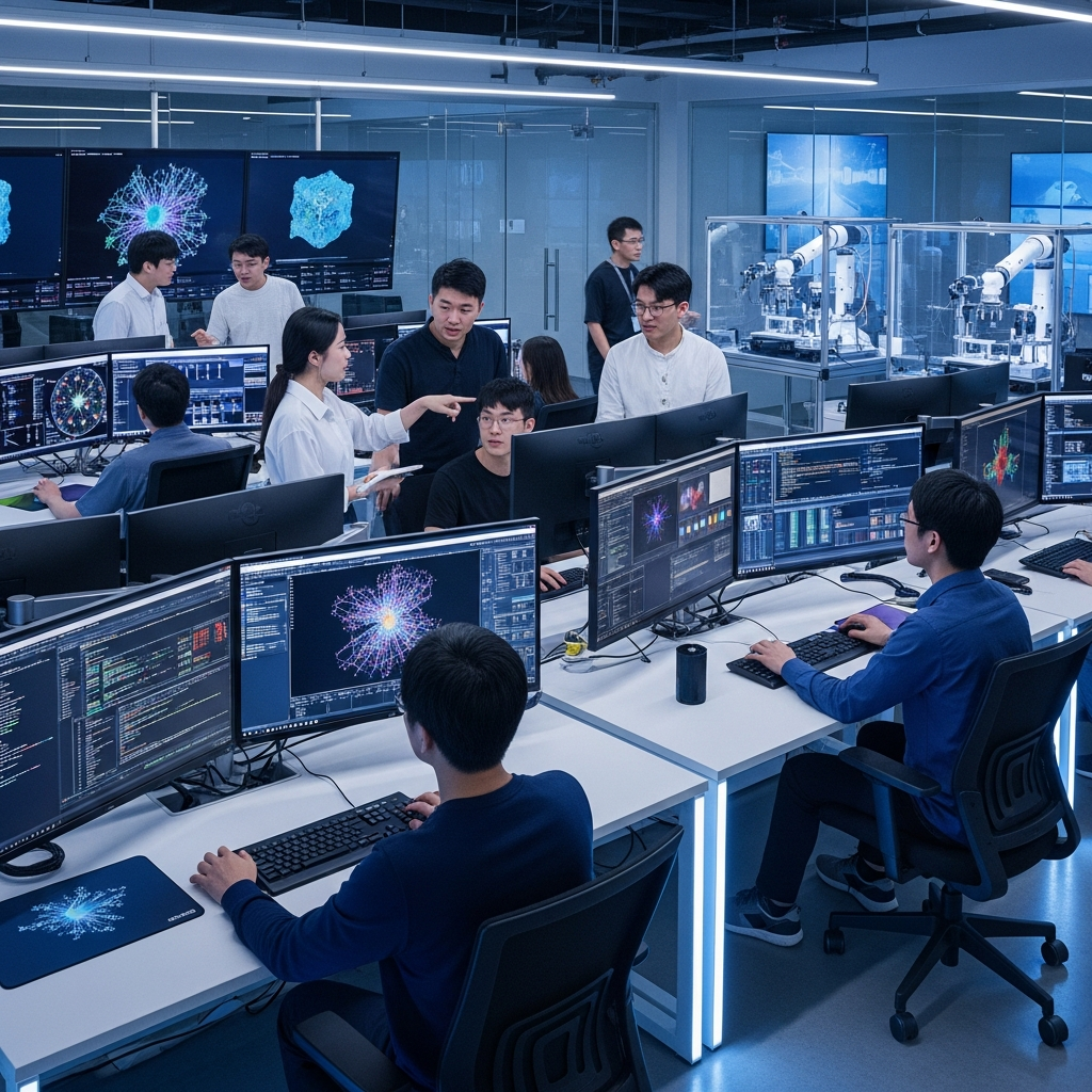 Modern Chinese AI research facility with Korean and Chinese developers working on computers, high-tech laboratory environment, collaborative atmosphere, professional lighting, no text