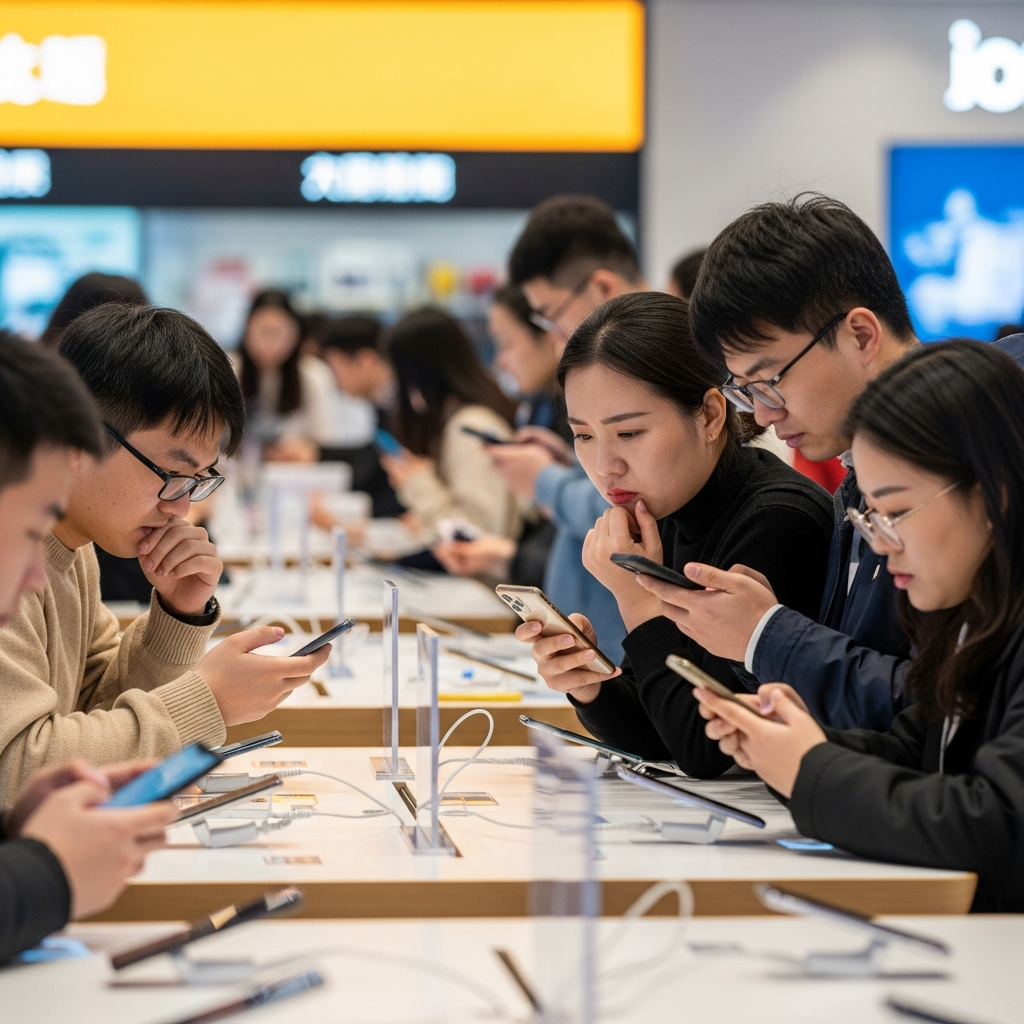 Chinese consumers carefully comparing prices on mobile phones in a modern shopping environment. People looking thoughtful while browsing e-commerce apps. Warm indoor lighting, realistic lifestyle photography showing cautious spending behavior.
