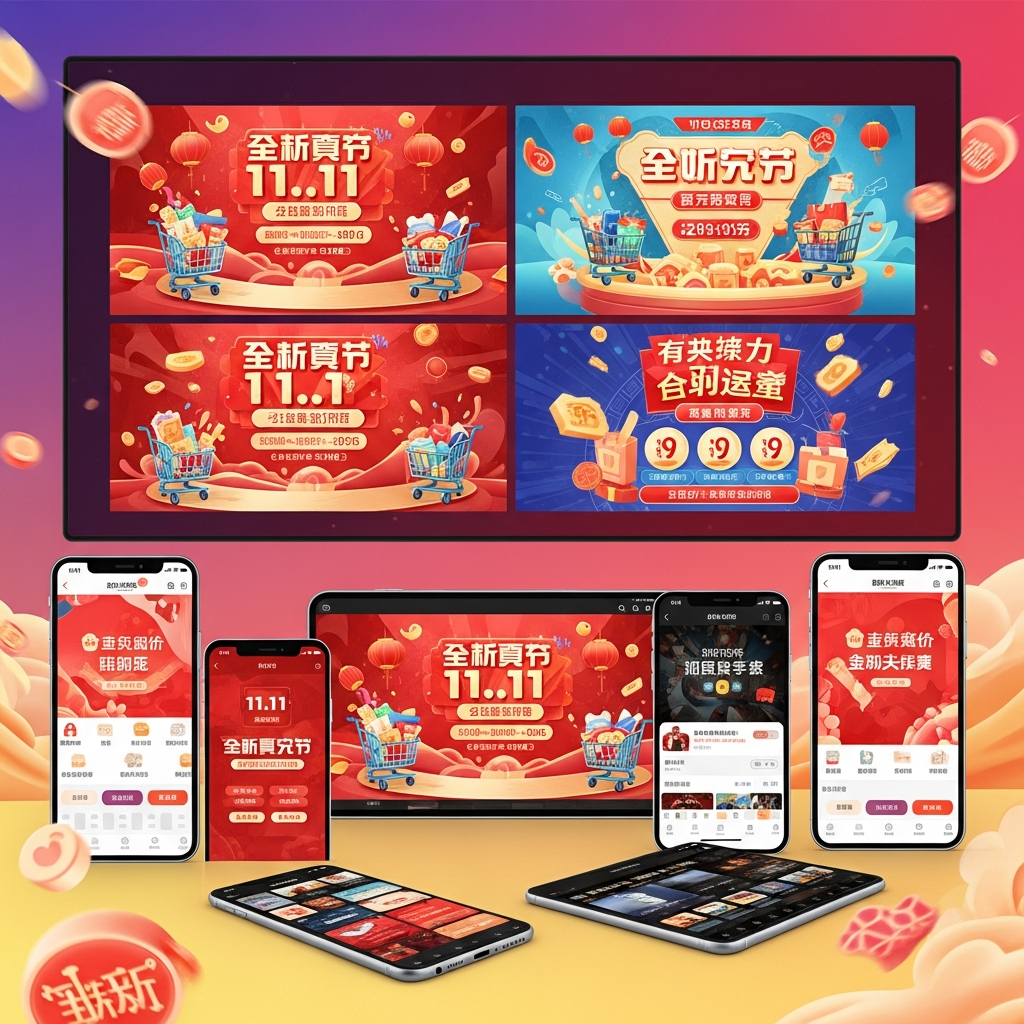 Vibrant Chinese e-commerce platform interface showing Singles Day promotional banners, shopping carts, discount badges, and mobile shopping apps. Colorful gradient background with red and gold accents. Modern digital commerce atmosphere.