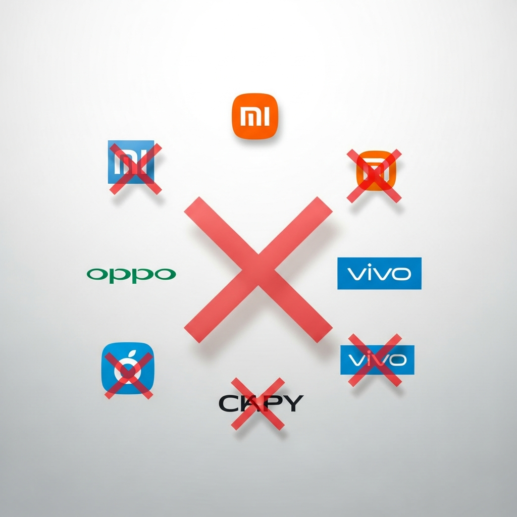 clean infographic, modern layout, high contrast, A collection of various smartphone brands' logos (representing Xiaomi, Oppo, Vivo) being symbolically 'frozen' or 'canceled' with a large, transparent "X" over them, indicating project cancellations. The background is a subtle gradient, not plain white. No visible text in image.