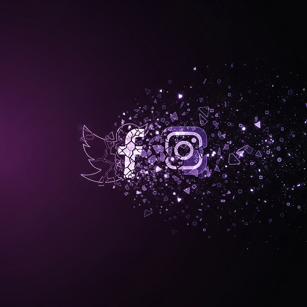 A dark, abstract illustration of fragmented data flowing away from a social media icon, symbolizing the loss of precious memories and information due to account suspension. Modern, minimalist, high contrast, deep purple and black gradient background. No text.