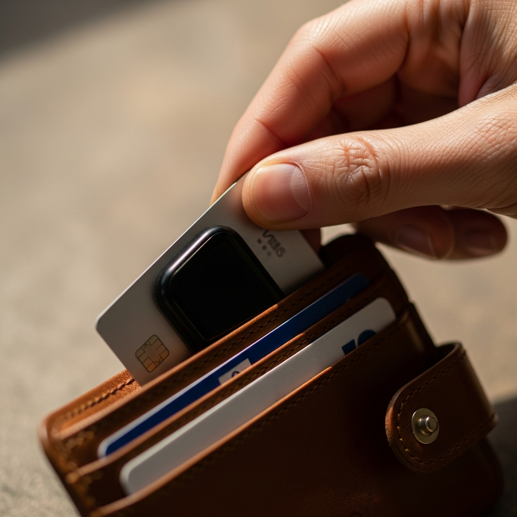 A hand gently sliding a credit card-sized smart tracker into a slim leather wallet. The wallet is partially open, showing other cards. Style: lifestyle photography, soft, natural light, warm tone, textured background, no visible text.