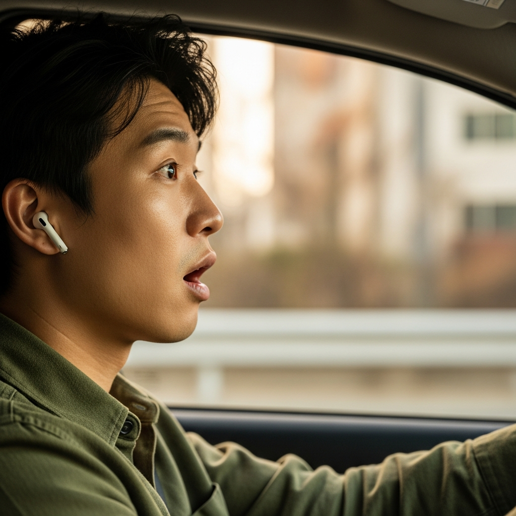 A Korean person driving a car, looking surprised as audio suddenly blasts from the car speakers, while their AirPods are in their ears. Style: lifestyle photography, warm lighting, natural setting, colored background, no text.