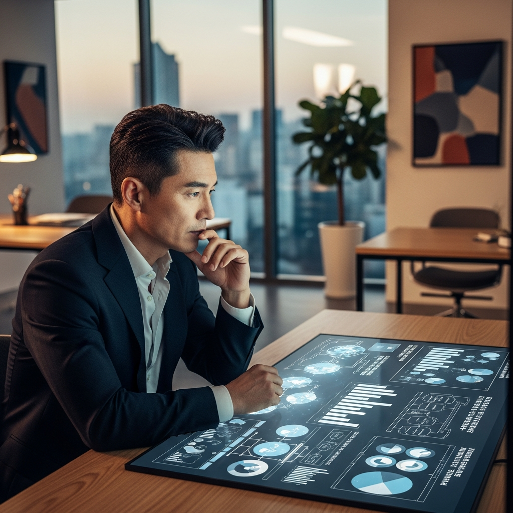 A thoughtful Korean male executive in a modern office, looking at a digital screen displaying complex strategic plans. Emphasize leadership and analytical thinking. Style: lifestyle photography, warm lighting, natural setting. Background: blurred modern office interior with city view.