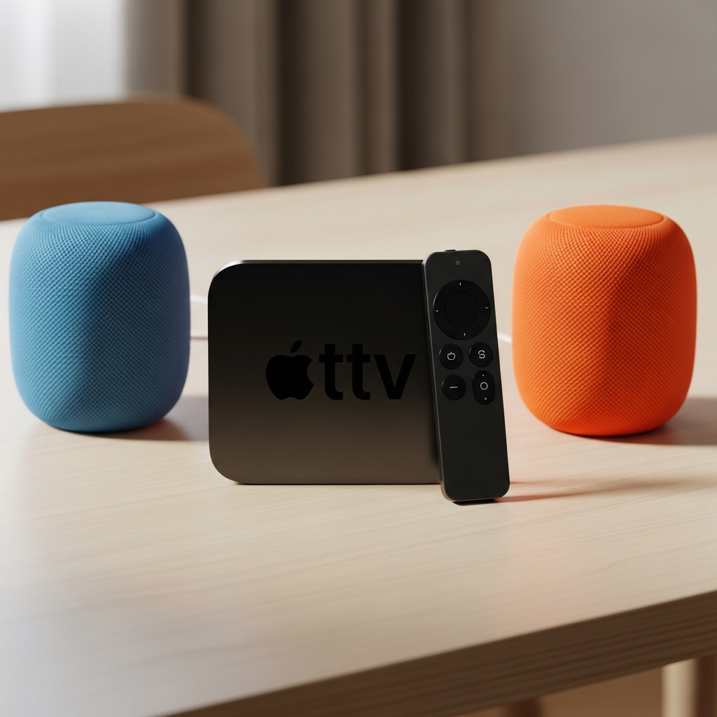 Product lineup including a sleek new Apple TV and colorful HomePods on a modern table, clean lighting, natural colors, no text.