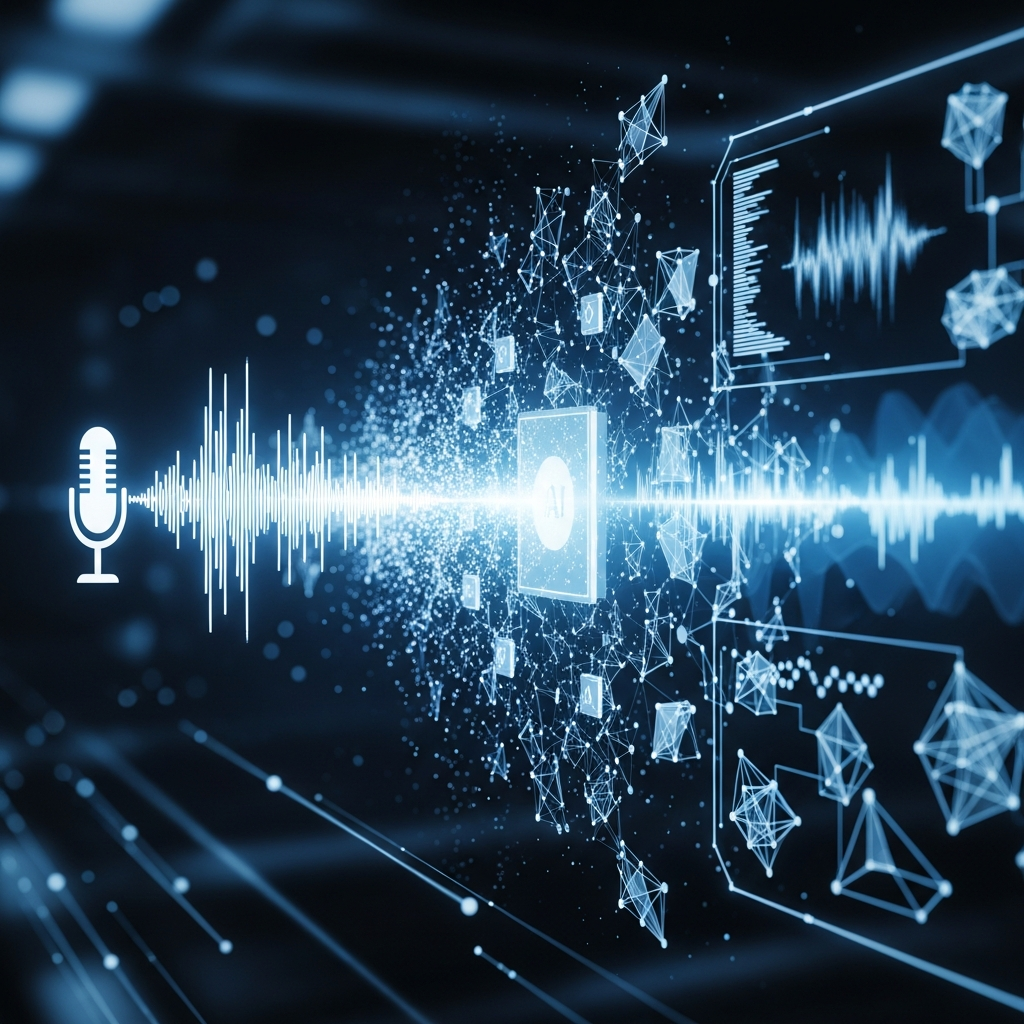 Advanced voice recognition technology visualization with sound waves, AI processing elements, modern interface design, blue and silver color scheme, high-tech atmosphere, no text
