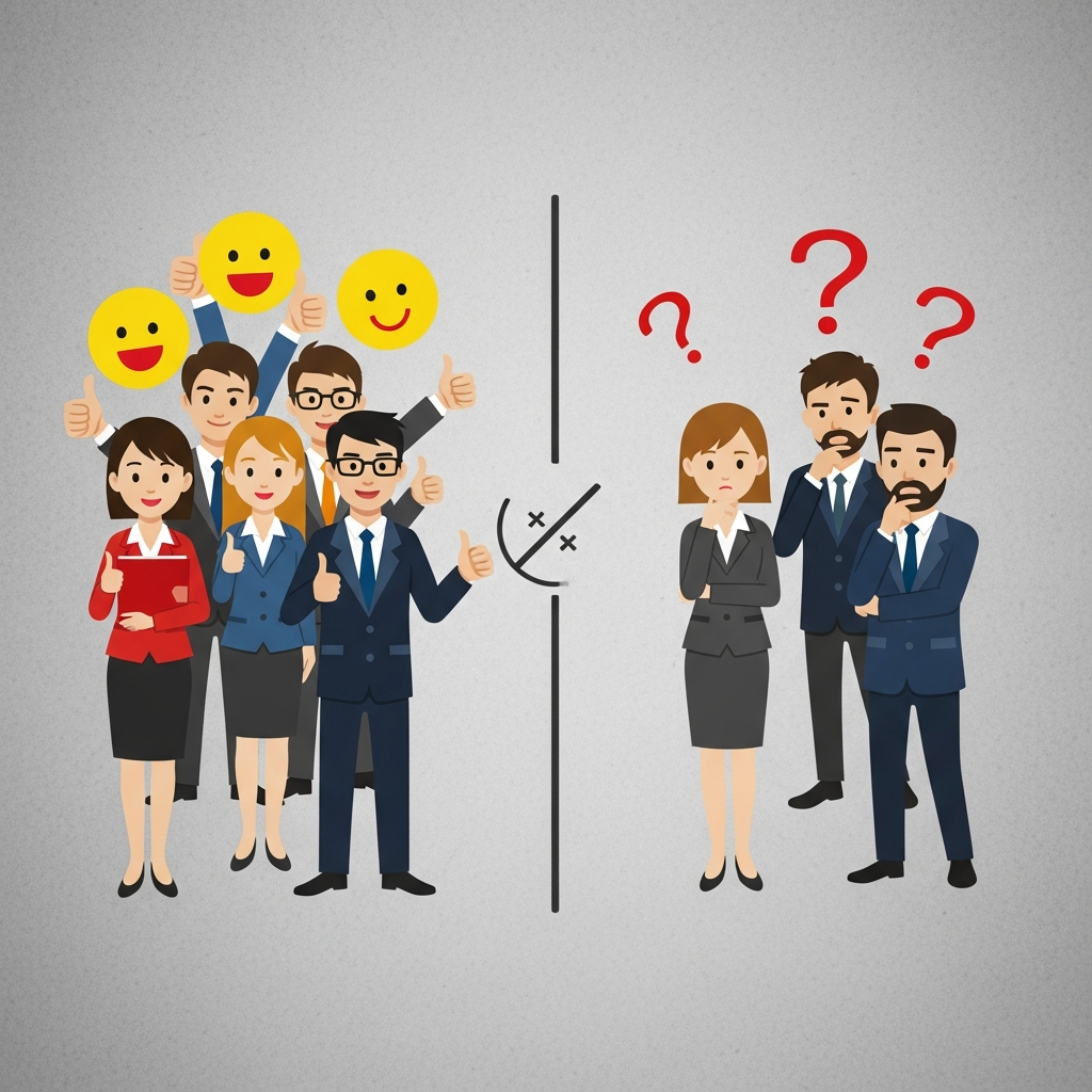 A balanced illustration showing two distinct groups of people, one side representing support with positive expressions and thumbs up, the other side representing opposition with thoughtful or questioning expressions. A clear dividing line or symbol separates them. The background is a neutral, textured gray. Style: simple illustration, clear separation, high contrast. No text.
