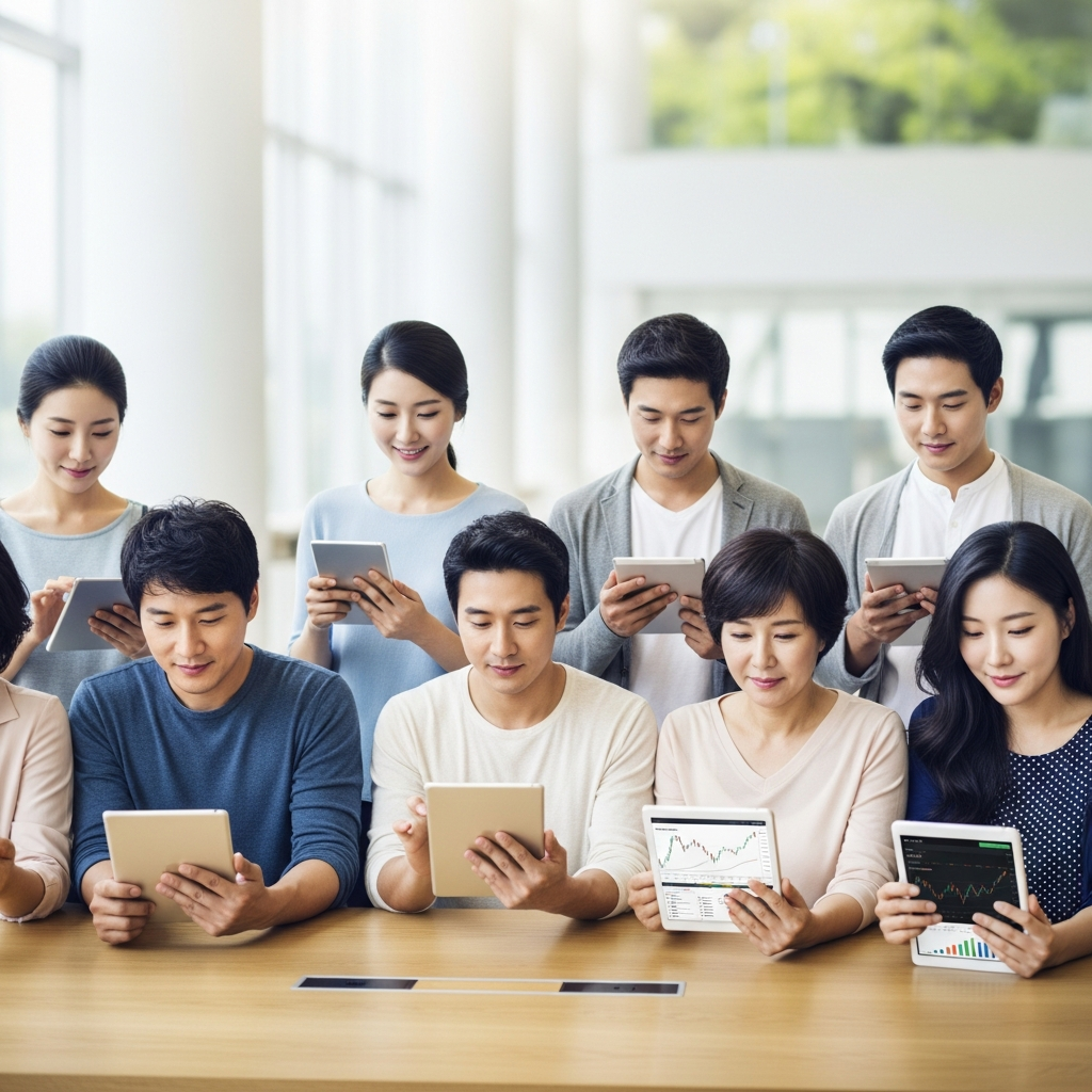 A diverse group of Korean consumers (men and women) thoughtfully browsing on their tablets and smartphones in a bright, modern setting, symbolizing responsible online shopping and platform accountability. They have natural expressions and are engaged with their devices. Style: lifestyle photography, natural lighting, clean background.