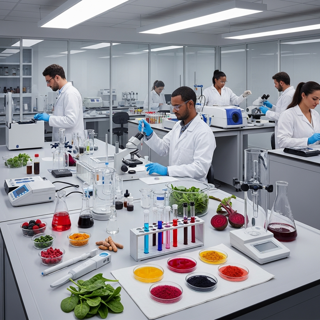 Modern food science laboratory with researchers working on natural color extraction and development. Various natural ingredients, testing equipment, and color samples on lab benches. Professional scientific environment with bright lighting, clean aesthetic. No text.