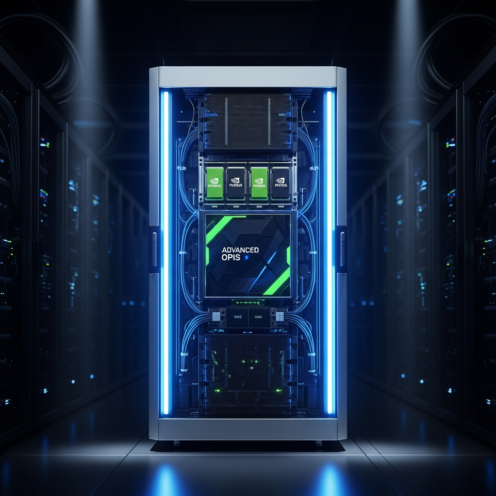 High-tech AI processing server cabinet with advanced Nvidia chips, futuristic data center environment, blue LED lighting, metallic surfaces, industrial photography style, dark background with dramatic lighting, no text
