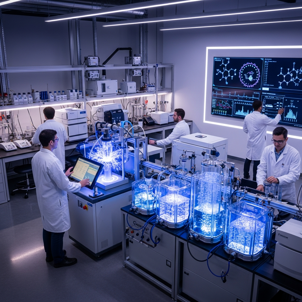 High-tech laboratory with plasma treatment equipment and alkaline processing units, scientists working with advanced PFAS destruction technology, modern research facility, bright laboratory lighting, scientific equipment, no text