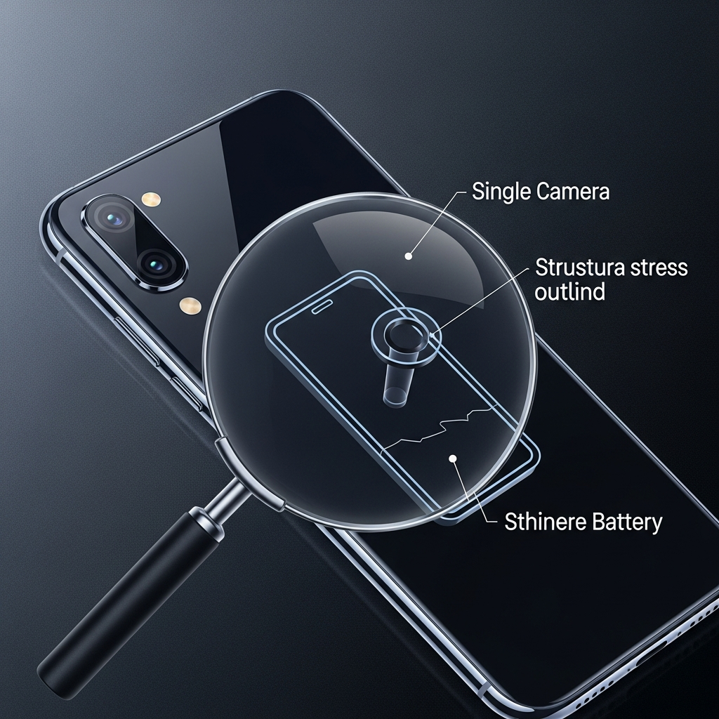 clean infographic, modern layout, high contrast, A highly stylized, ultra-thin smartphone being examined under a magnifying glass, revealing subtle compromises like a slightly protruding single camera lens, a thinner battery outline, and a small structural stress crack. The background is a textured, dark gradient. No visible text in image.