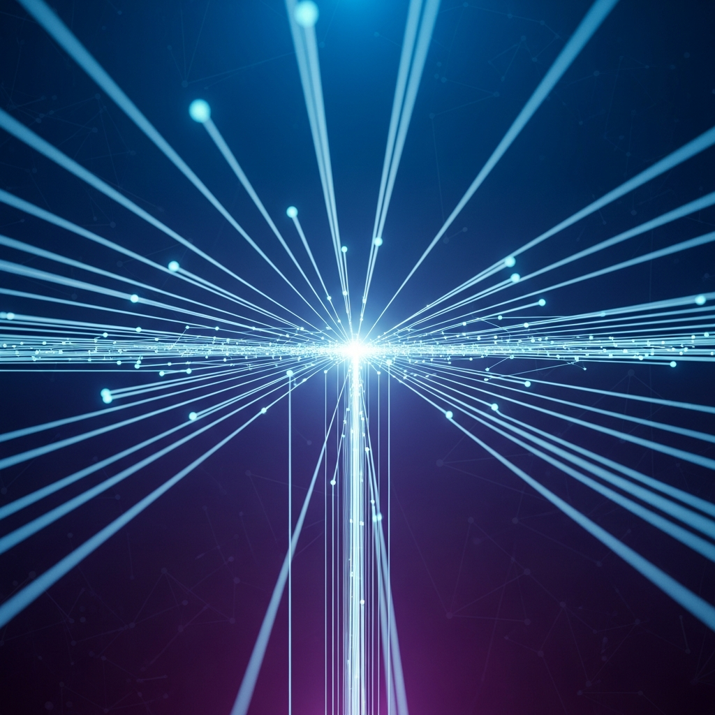 Abstract visualization of data flow and optimized code, clean lines, subtle glow, with a dark blue and purple gradient background. No visible text.