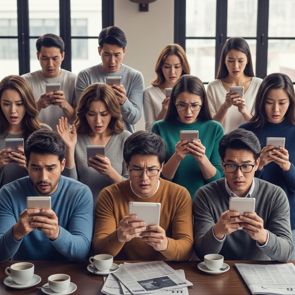 A group of Korean people looking shocked and distressed while reading news on their smartphones and tablets. The scene should convey a sense of disbelief and concern. Style: lifestyle photography. No text.