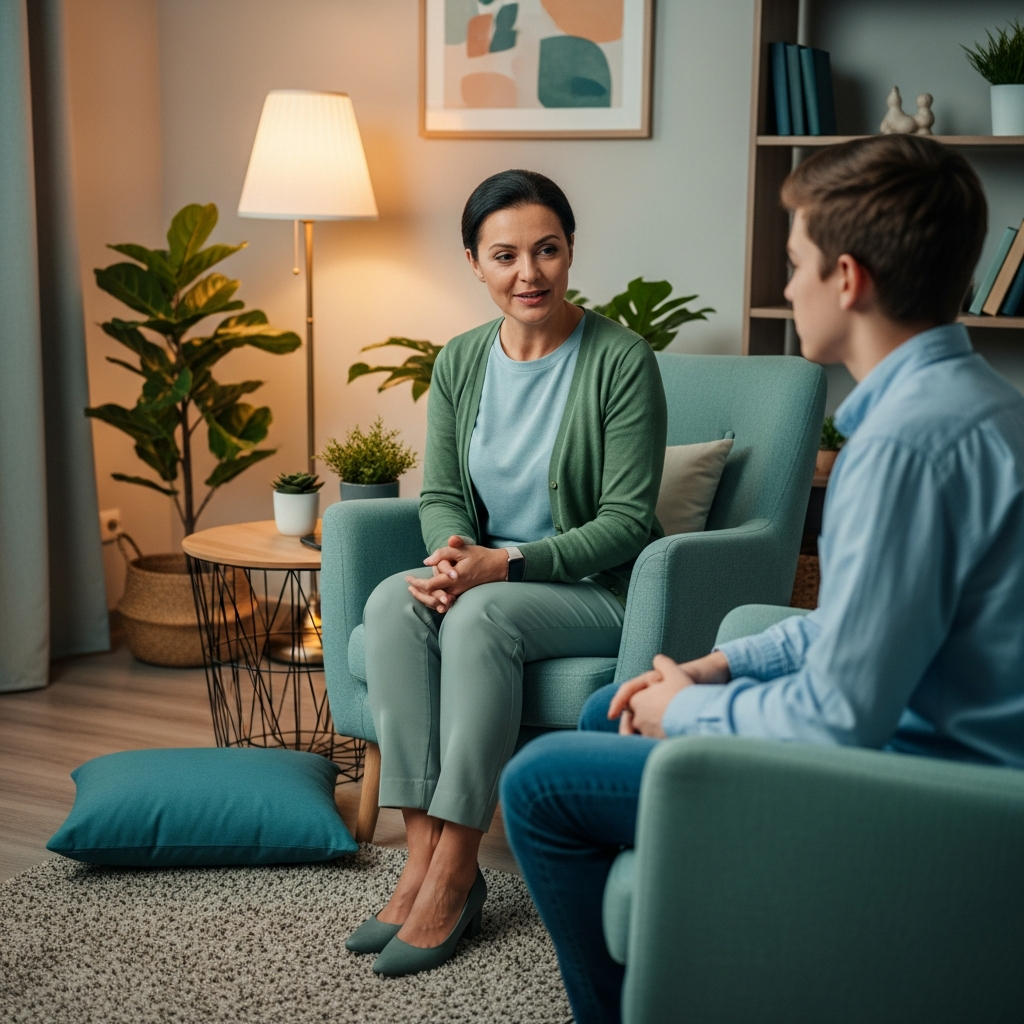 Caring counselor speaking with young person in comfortable counseling room, representing mental health support. Warm, supportive atmosphere with soft lighting, showing empathy and professional care. No text.